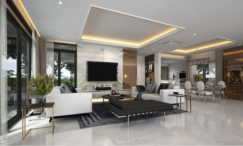Open-plan living room with custom joinery, recessed lighting and timber flooring
