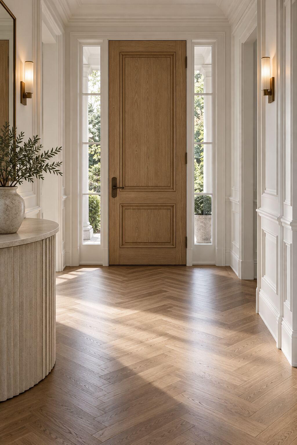 Luxury entrance with oak door, wall panelling and herringbone flooring